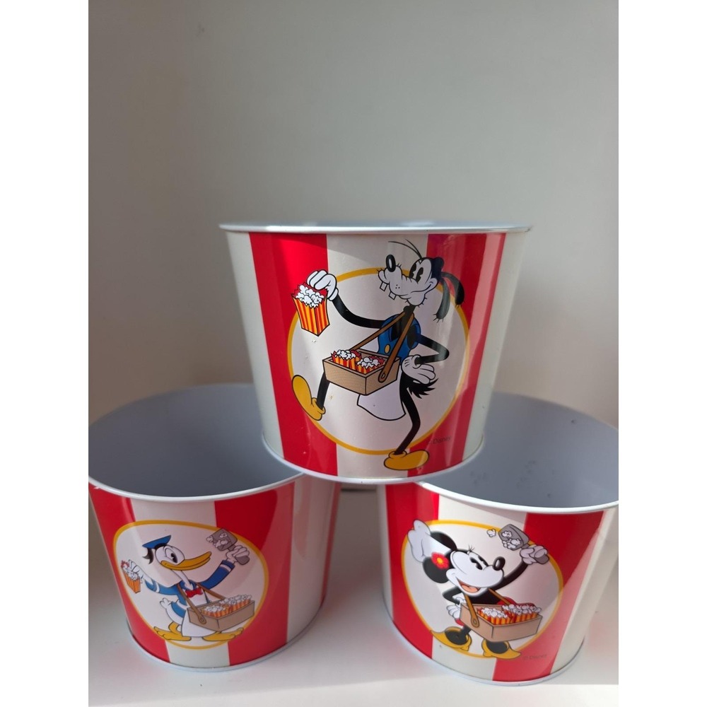 Vintage Disney Metal Popcorn Bowls Set of 3 Mickey Minnie Donald Goofy Striped - Picture 1 of 13